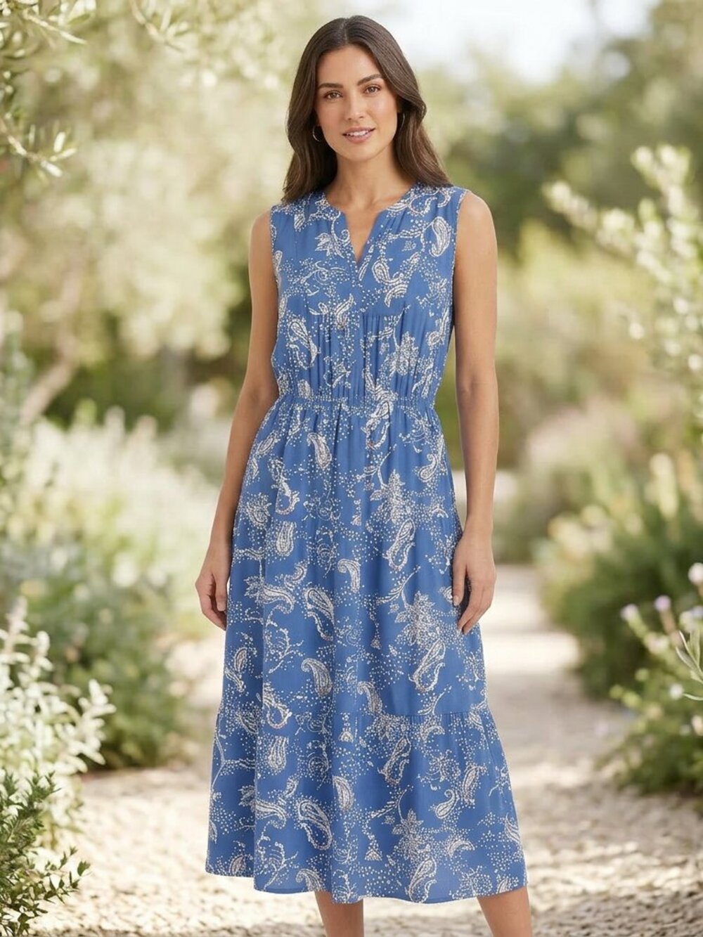 DR2 Blue Print Dress XL V Neck Lined Sleeveless Machine Wash BIN 1